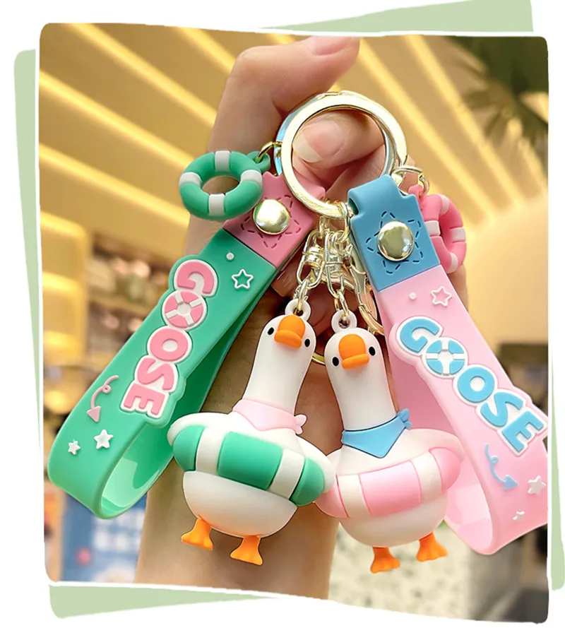 Kawaii 3D Мультяшный Гусь с кольцом для плавания, брелок для ключей из ПВХ, брелок для ключей ручной работы, ювелирные украшения, подарки для девочек, женская кукольная машина