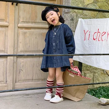 2023 Корейское Джинсовое платье Для девочек, Хлопчатобумажные Осенние Модные Платья Для Девочек, Детская Одежда, Детская Одежда 2-7 Лет