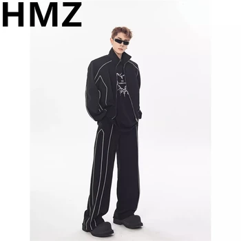 HMZ Мужской однотонный костюм в полоску, Свободные повседневные Красивые модные Винтажные комплекты, куртка, брючные костюмы, мужское спортивное пальто, брюки, спортивный костюм