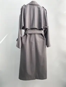 Женская ветровка серого цвета, длинное шерстяное пальто Offce Lady с вырезами на талии