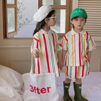 Модный вязаный комплект в полоску для брата и сестры, Корейский детский костюм, платье-поло для девочек, Комплекты с короткими рукавами + шорты для мальчиков от 1 до 10 лет