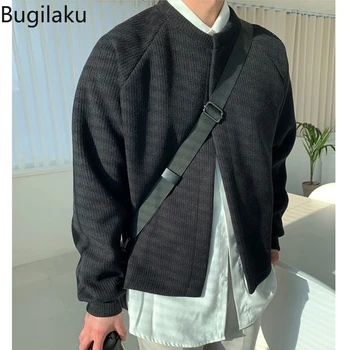 Осенний свитер Bugilaku с круглым вырезом, мужская корейская версия свободного кроя, универсальный однотонный вязаный кардиган, повседневное пальто, тренд