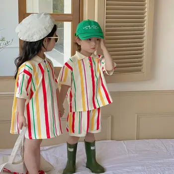 Полосатые трикотажные костюмы, платье-поло нового дизайна для девочек, Модный цветной топ с отворотом и Шорты для мальчиков, Комплекты из 2 предметов