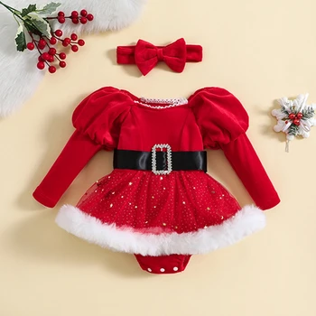Рождественский комбинезон для маленьких девочек от 0 до 2 лет, платье для младенцев, одежда в стиле пэчворк, блестки, звезды, Луна, подол юбки, боди с длинными рукавами и повязкой на голову