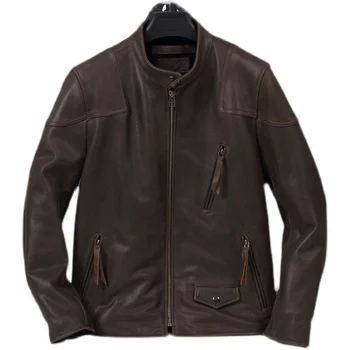 Темно-коричневая весенняя мужская куртка в мотоциклетном стиле, большие размеры 5XL, натуральная воловья кожа, осенние приталенные короткие байкерские пальто из натуральной кожи
