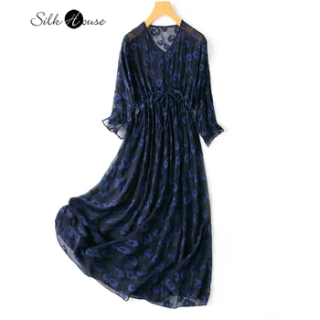 Темно-синий шелковый шелк с цветочным принтом, Элегантное полупрозрачное Свободное платье из натурального шелка тутового цвета с V-образным вырезом и завязками на талии, Новинка