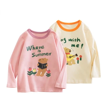 Хлопковая футболка для девочек от 2 до 8 лет, футболка для малышей, осенне-зимняя одежда, базовый топ, детская футболка с рисунком Медведя с длинными рукавами и мультяшным рисунком для младенцев