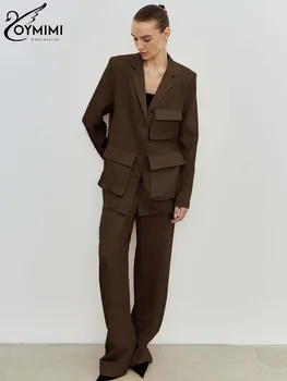 Элегантные коричневые хлопковые комплекты Oymimi, женские модные рубашки с длинными рукавами и карманами из 2 предметов И простые прямые комплекты брюк полной длины